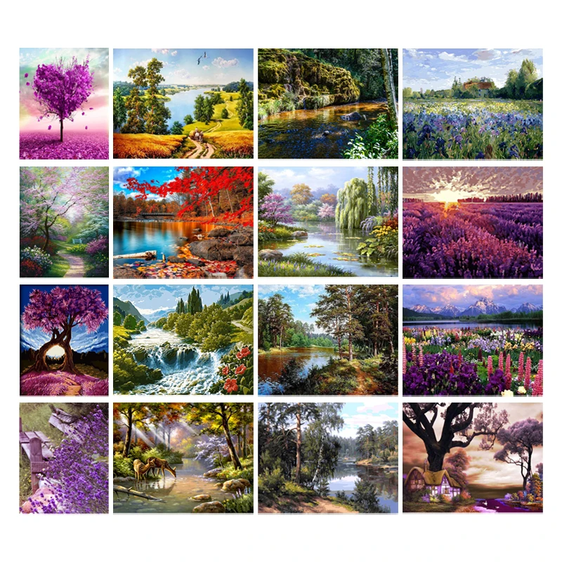 

DIY Diamond Embroidery Landscape Painting River View & Purple Tree & Lavender Field Diamond Painting Mosaic Picture Cross Stitch