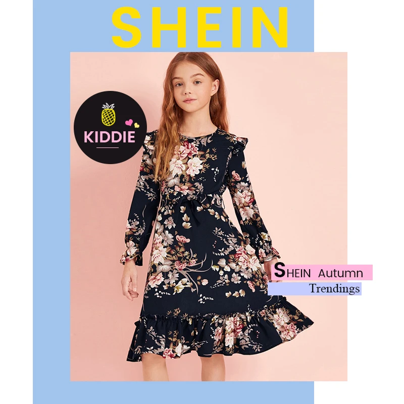 SHEIN Kiddie/милое платье темно-синего цвета с рюшами и цветочным принтом с отделкой и поясом г. Осеннее платье-миди на молнии, рукав-Волан