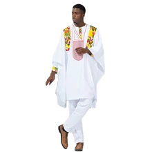Африканская Мужская Базен одежда костюмы Дашики Топы рубашка брюки 3 шт. набор строчка воск материал хлопок африканская традиционная мужская одежда