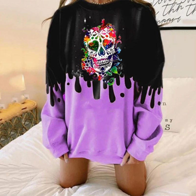 

Oversize Skull Print Women Aesthetic Sweatshirt Autumn Winter Thin Loose Pullovers Top Long Sleeve O-Neck Female Streetwear Tops