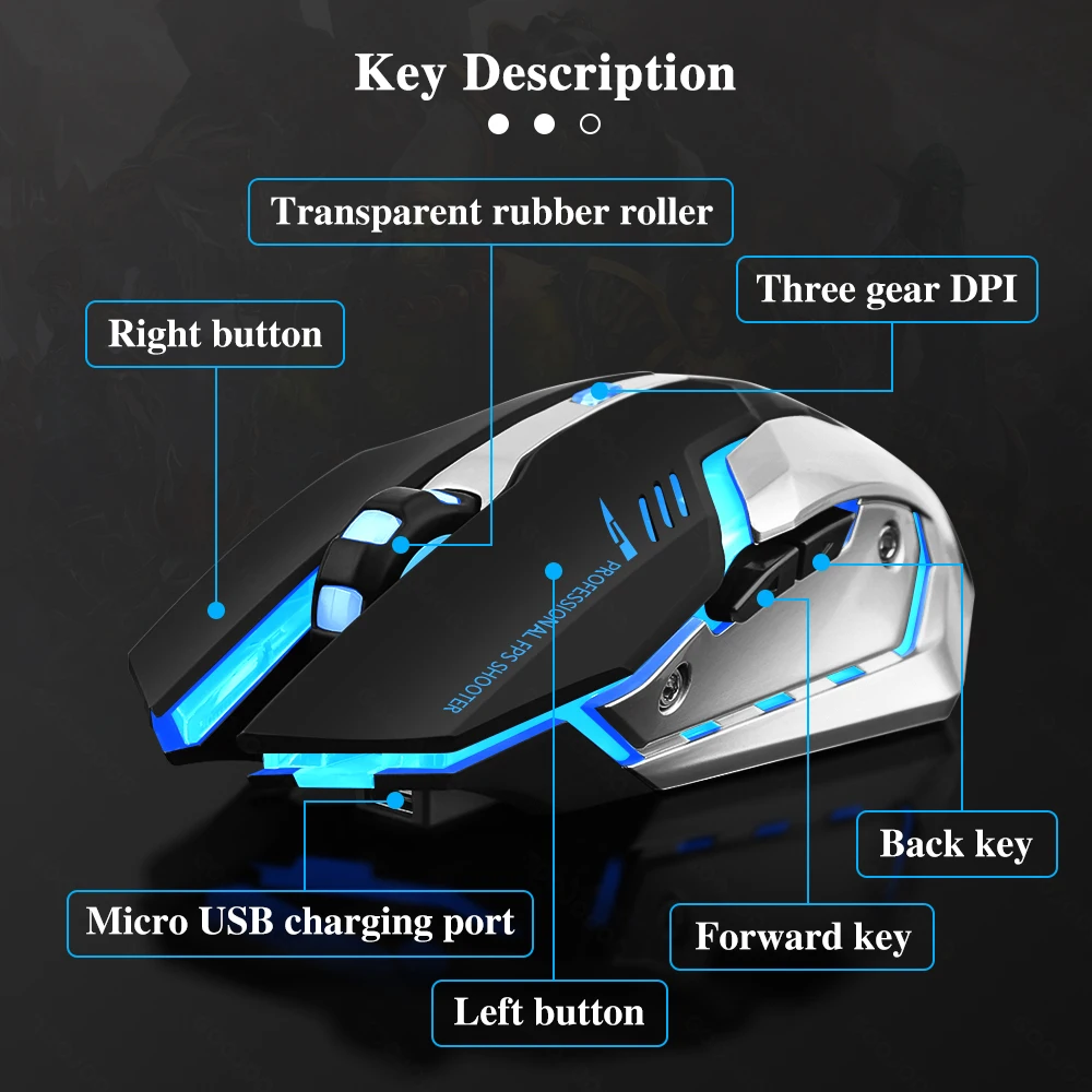 Rato do Jogo Recarregável 2.4gwireless Bluetooth Mouse Mudo Ergonômico Mouse para Computador Portátil Led Backlit Ratos para Ios Android - Imagem 3
