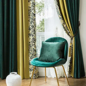 

Customized Luxury Curtain for Living Room Blackout Curtains for Bedroom Embroidery White Tulle Retro Green Yellow Drapes Nordic