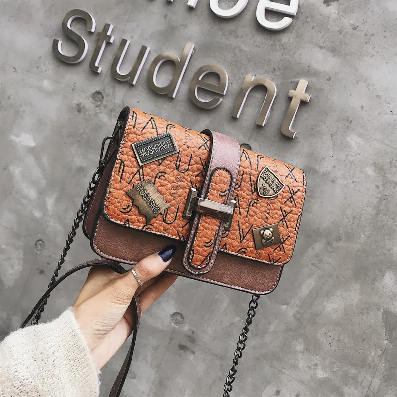 

Textured Bag Women's 2018 New Style Fashion Korean-style Chain Crossbody Bag Retro Badge bai da xiao Square Bag WOMEN'S Bag