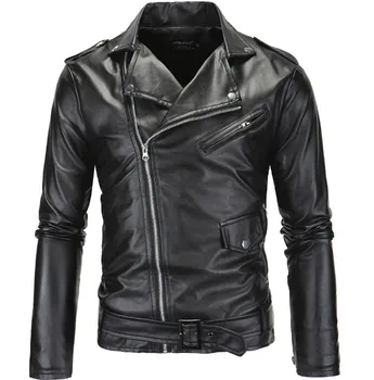 

Spring Fashion Men Slim Fit Oblique Zipper PU Jacket Autumn Men Leather Jackets Coats Black White Motorcycle Leather Jacket