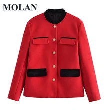 MOLAN Winter Woman Wool Coat Plus Long Sleeve Lapel Loose Patchwork Elegant Warm Parkas Jacket Vintage Red Female Chic Outwear