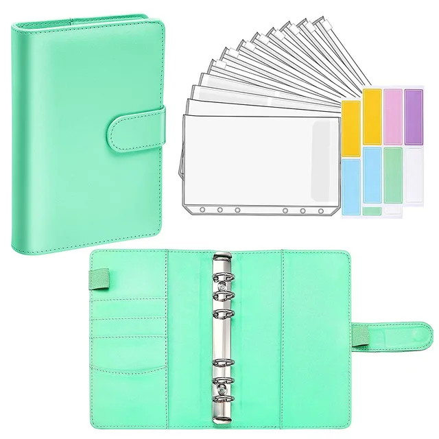 15 Pieces Binder Budget Planner Cash Envelope Binder with Budget Envelopes A6 Binder Pockets Cash Envelope Wallet for Budgeting Light green-14pcs