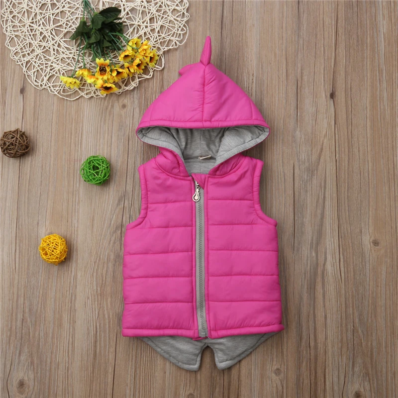 Winter Cotton Waistcoats Infant Kids Baby Girls Boy Dinosaur Vest Zip Hooded Jacket Coat Tops Warm Outerwear Hoodies 6M-5T