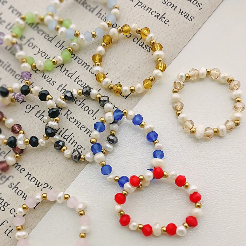 POMLEE Bohemia Colorful Natural Stone Rings for Women Irregular Pearl with Glass Stainless Steel Beads Fashion Jewelry Hot | Украшения и