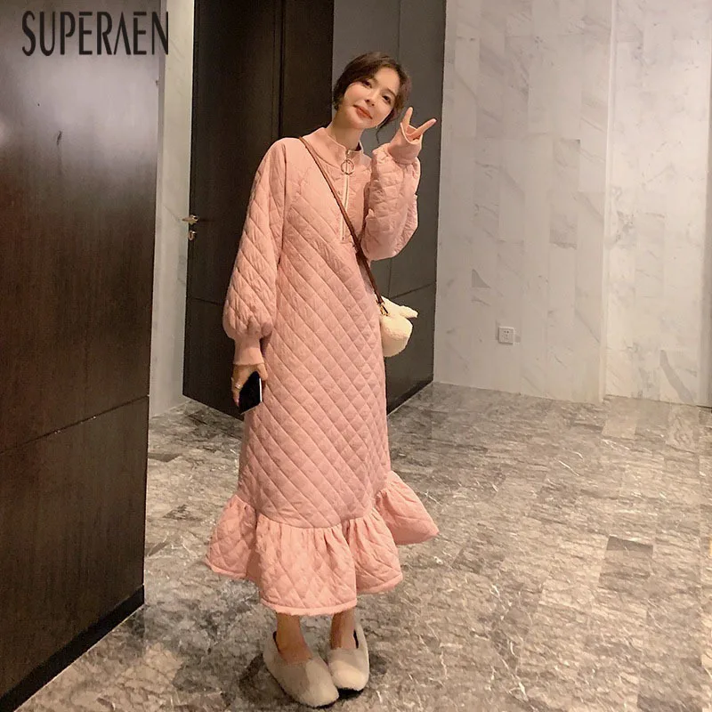 SuperAen, корейский стиль, хлопковое длинное платье для женщин, зима, новинка, повседневное женское платье с оборками, одноцветное, модная женская одежда