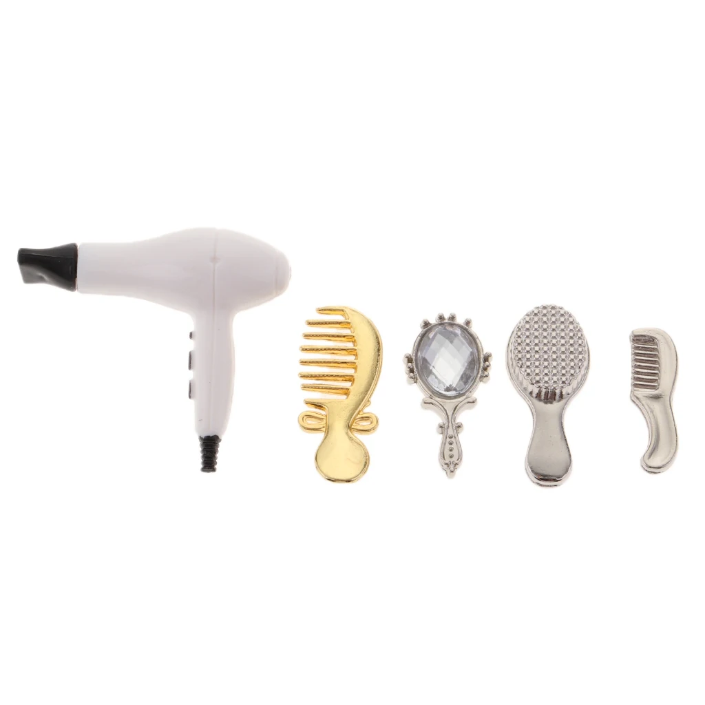 5 Pieces Handmade Doll Hair Care Accessories Comb Mirror Hair Dryer Set for 1/12 Dollhouse