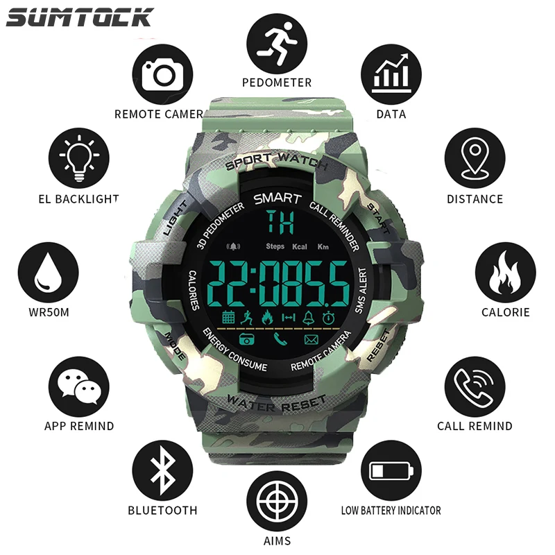 

SUMTOCK Military Rugged Smartwatch Calories Bluetooth Heart Rate Information Reminder Smart Watch For Ios Android akilli saatler