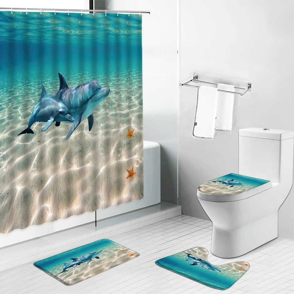 Dolphin Sea Turtle Print Shower Curtain Ocean Animal Tropical Fish Bathroom  Set Non Slip Bath Mat Toilet Cover Pedestal Rug Lid - AliExpress, image size:960x960