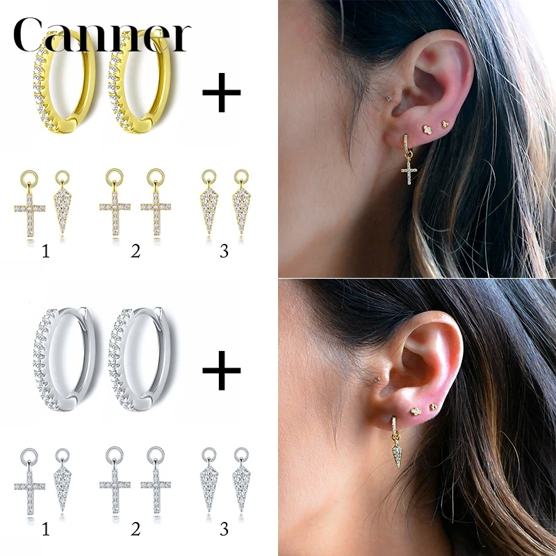 

925 Sterling Silver Hoop Earrings CZ Cross Triangle Geometric Eardrop For Women Fine Jewelry Pendientes orecchini cerchio W5