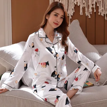 

2020 Spring Autumn Silk Satin Pajama Sets for Women Long Sleeve Print Cardigan Sleepwear Suit Homewear Pijama Mujer Home Clothes