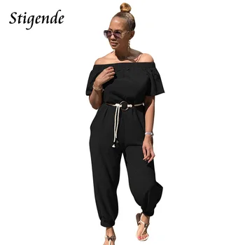 

Stigende Casual Short Sleeve Off Shoulder Jumpsuits Women Summer Sexy Slash Neck Jumpsuit Fashion Solid Color Bodycon Jumpsuit