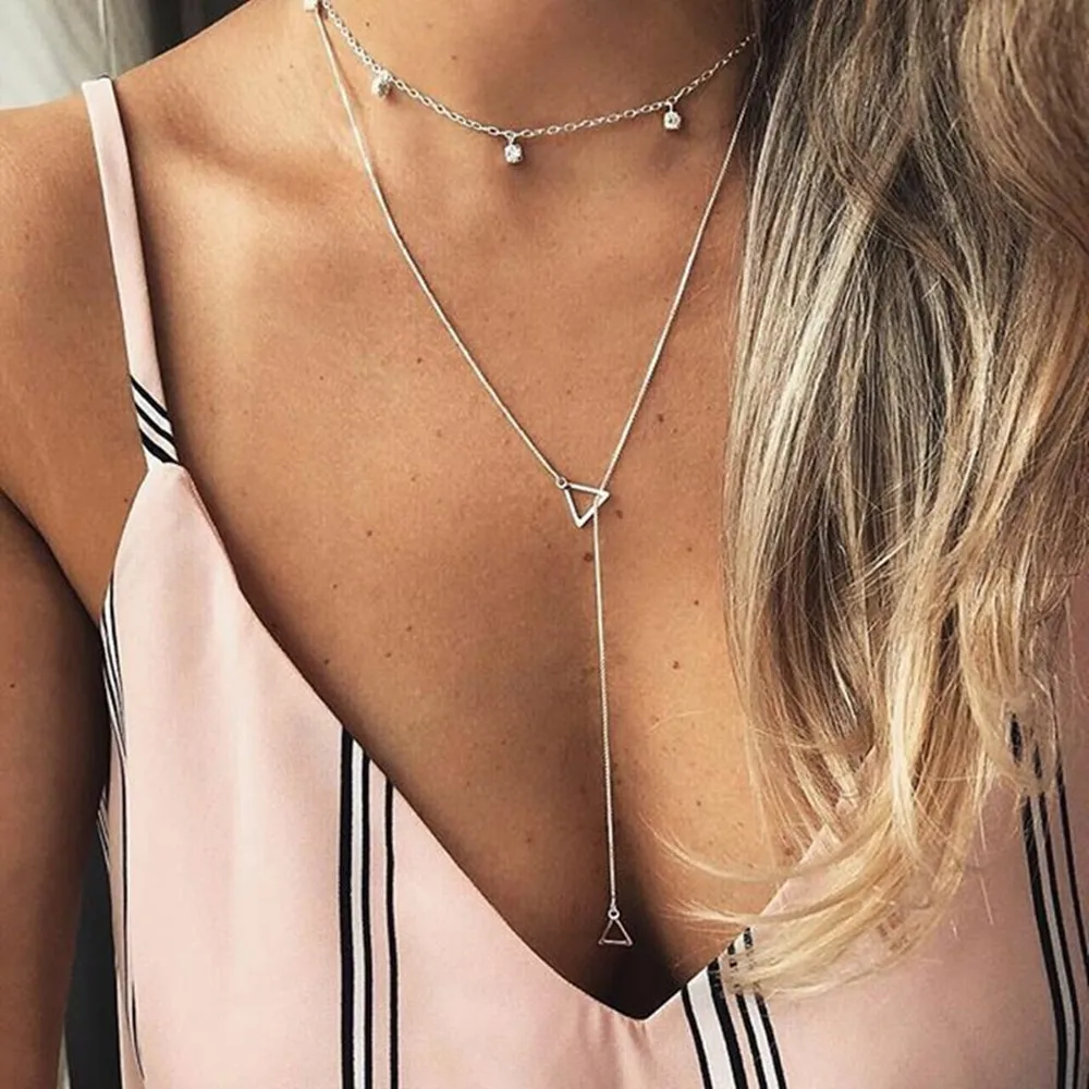 

ALYXUY Fashion Simple Triangle Pendant Long Chain Necklace Geometric Crystal Bead Choker Necklace Women Jewelry Accessories