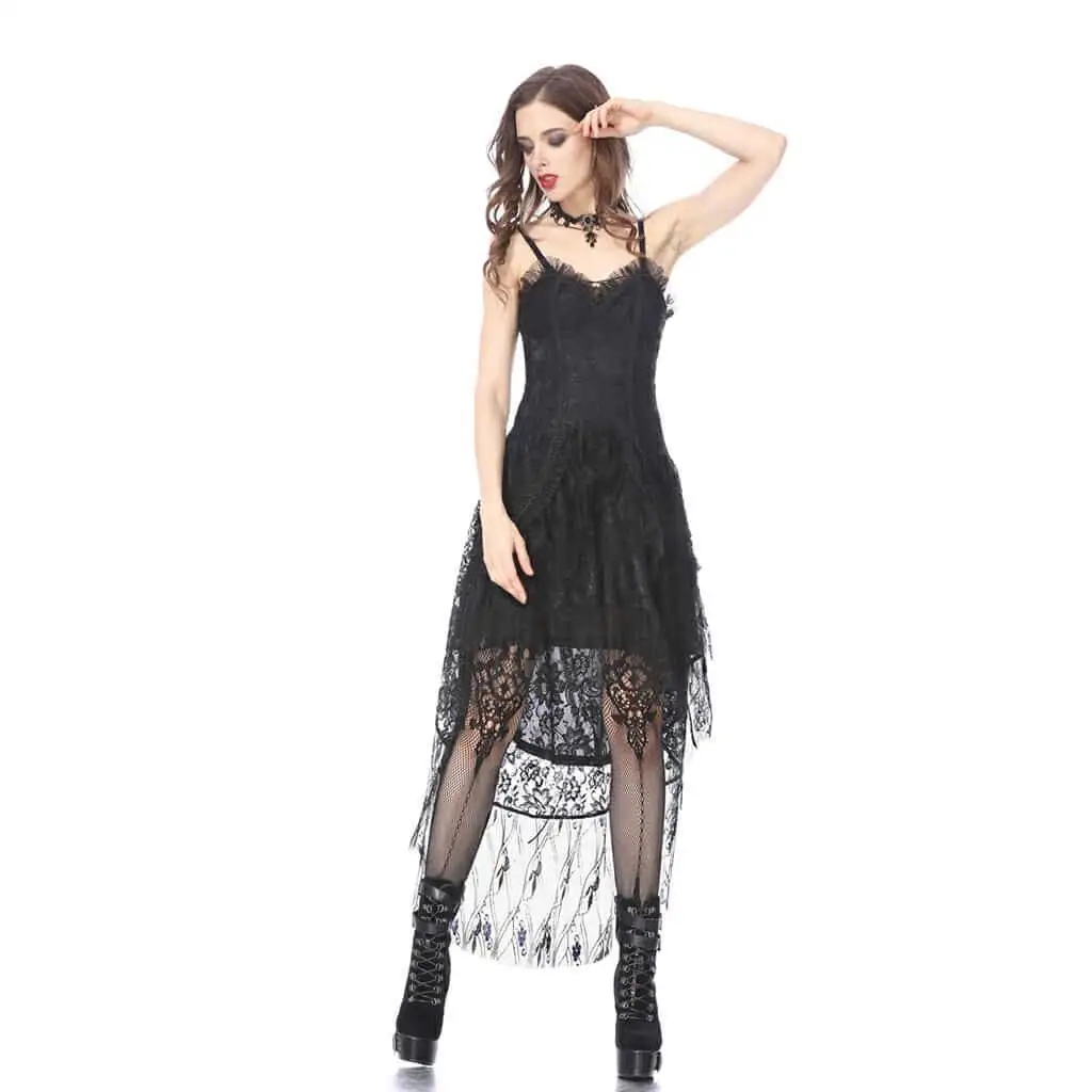 Darkinlove Women's Lace Frill Spaghetti Strap Dress Asymmetry High waist V-Neck Sleeveless Dress
