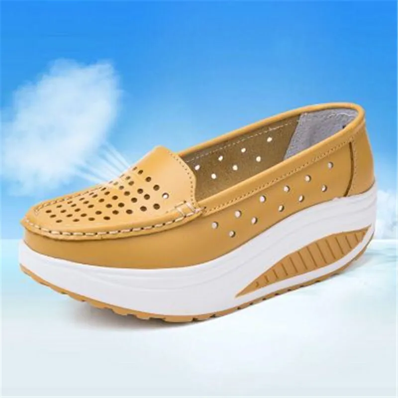 Сезон весна-лето; дышащая обувь с перфорацией на белой платформе; спортивная обувь на танкетке; женские кроссовки для похудения; Рабочая обувь для медсестры - Цвет: Цвет: желтый