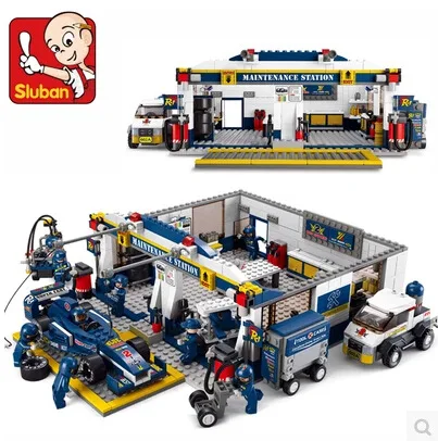 

SLUBAN 0356 Assembled Building Blocks Toy Model F1 Equation Race Car Track Maintenance Station Gift