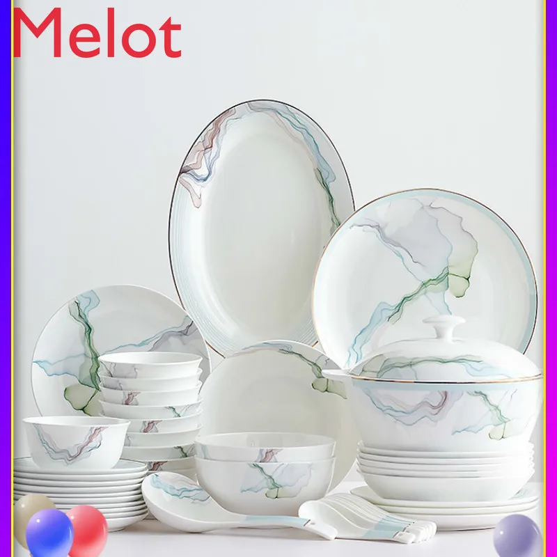 

Simple northern European style bowl and chopsticks, Chinese golden border tableware combination bone china tableware set