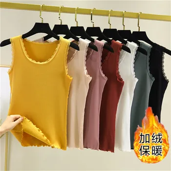 

2019 Autumn Winter Fashion Warm Plus Size M-2XL Women Cotton Tops Based Sleeveless Female Warm Lace Vests Tanks Bottomings W1051