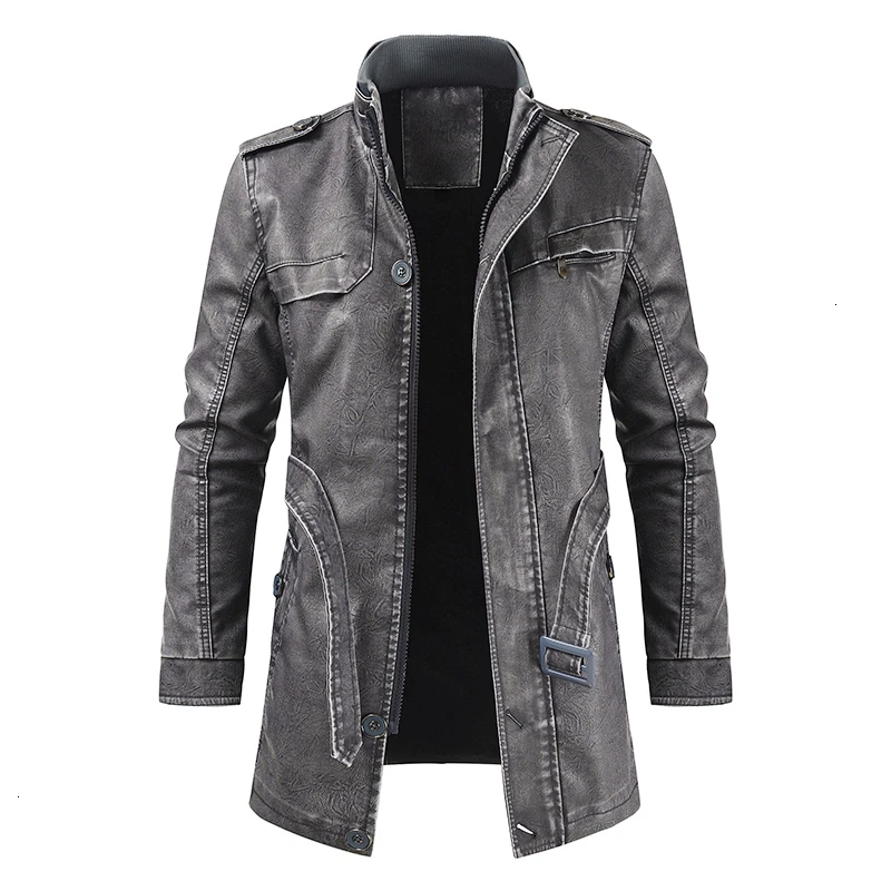 Men Leather Patched Long Casual Parkas Jacket - Image 4