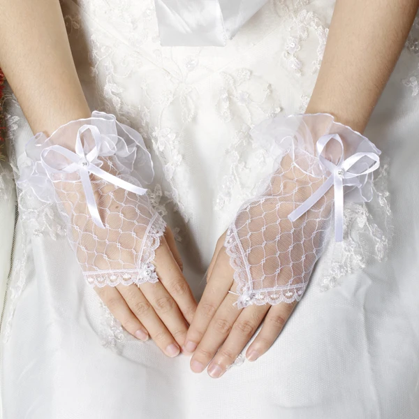 

Bridal White Lace Fishnet Fingerless Fishnet Short Gloves, Evening Party Gloves