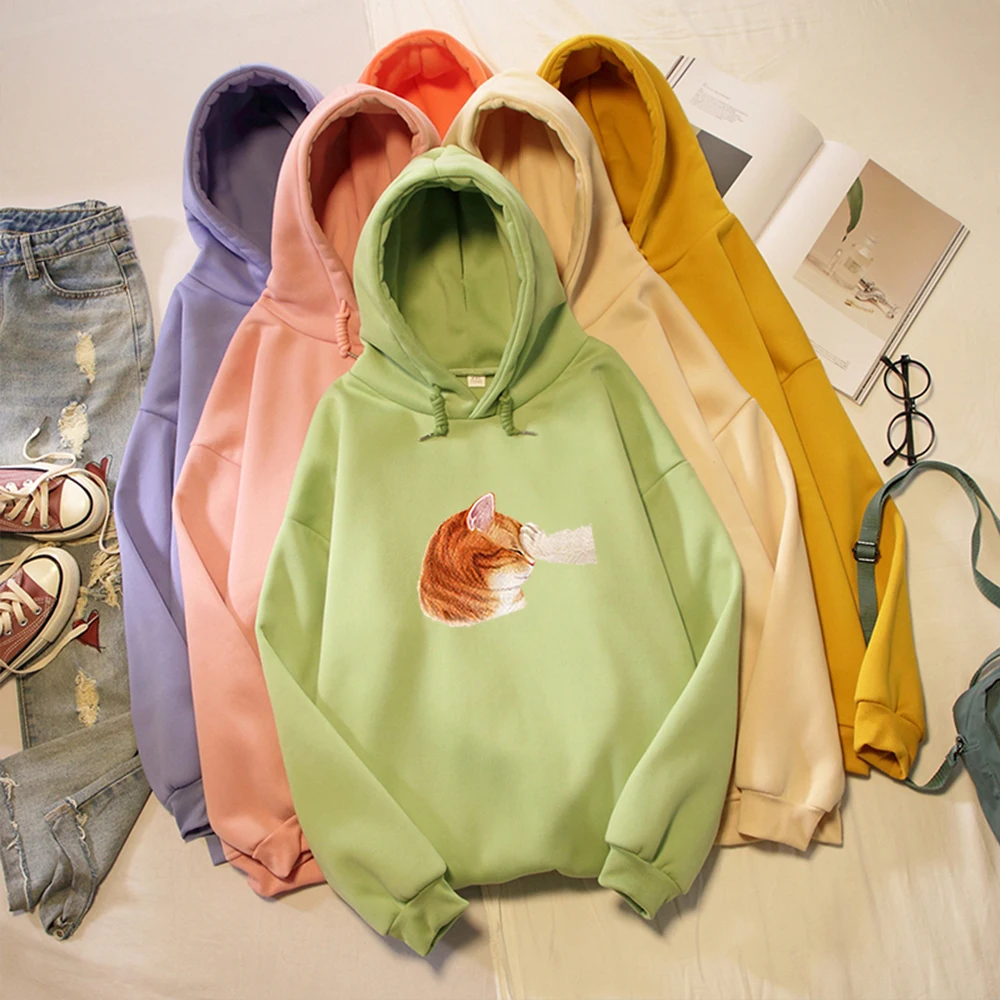 

Cute Kitten Print Warm Crop Hoodies Sweatshirts Harajuku Oversized Streetwear Kpop Women's Jacket Feminine Itself Fashion Casual