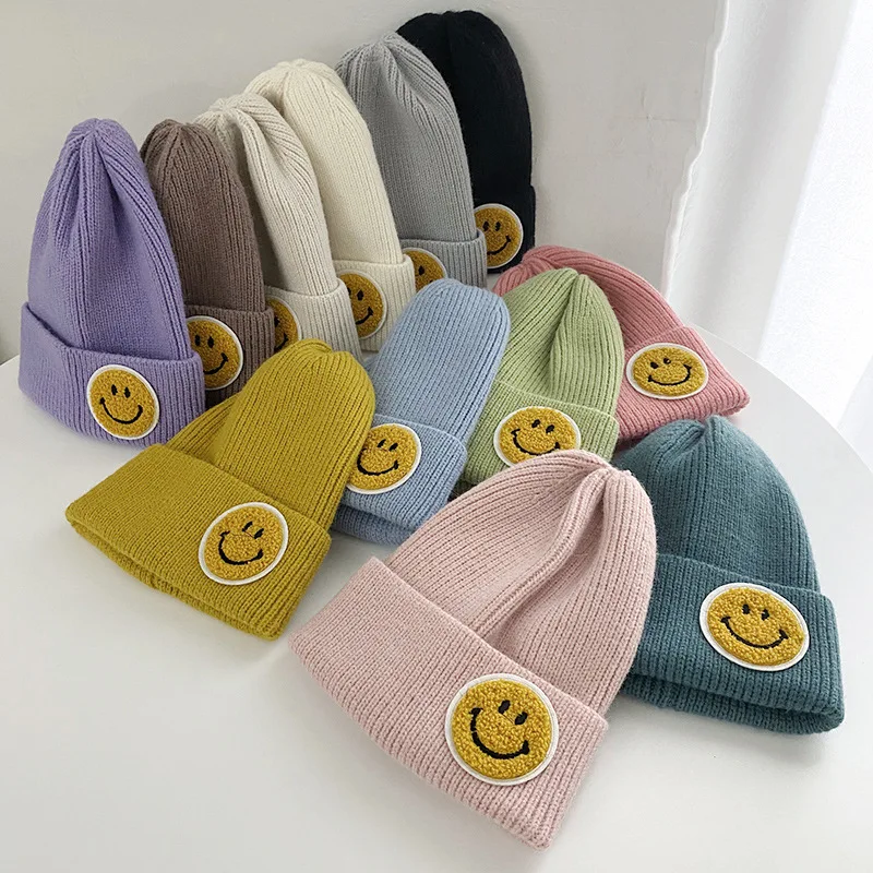 2021 Autumn Winter Warm Knitting Wool Hats Women Girls Boys Smiley Funny Fashion Elastic Beanie caps 11 colors Children hat skully hat with brim