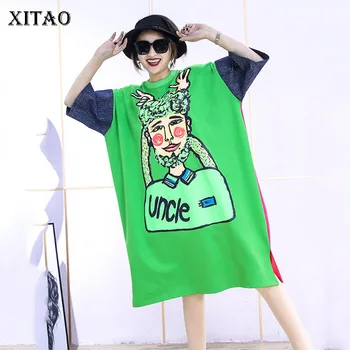 

XITAO Trend Plus Size Splice Contrast Dress Women Fashion O Neck Women Clothes 2020 New Summer Streetwear Loose Dresses DMY4152
