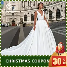 Элегантное Атласное Свадебное Платье С v-образным вырезом, юбка-лебедка, бальное платье с поясом и кристаллами, свадебные платья с часовым шлейфом, платье принцессы, Vestido de noiva F101