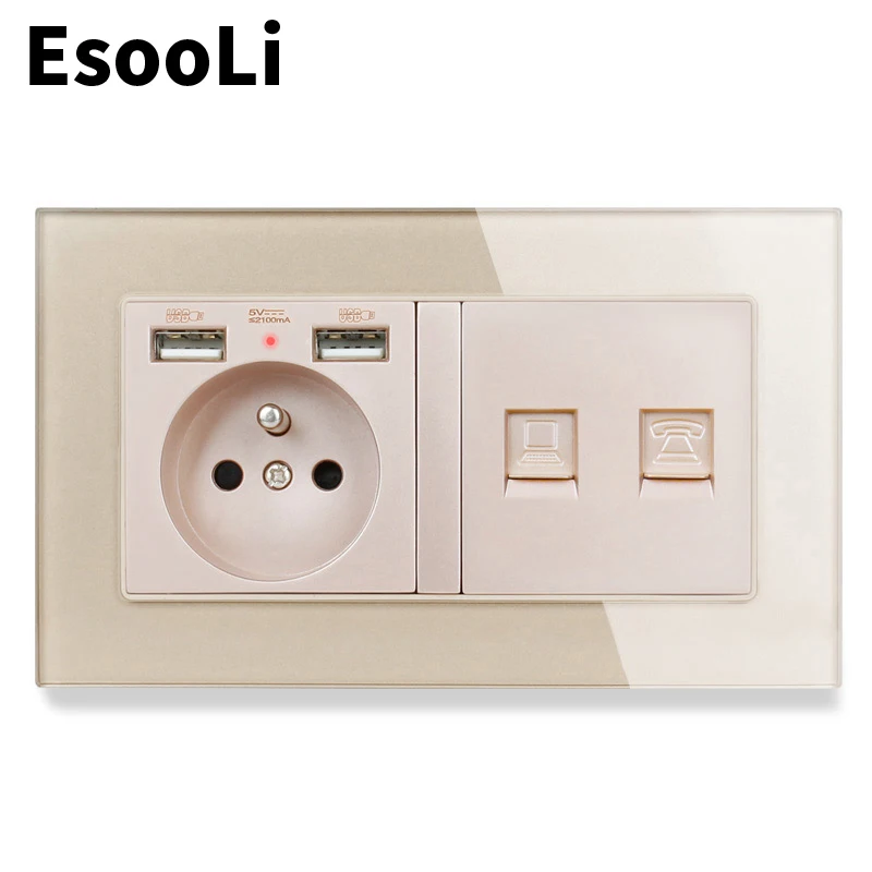 Золотистая стеклянная панель EsooLi розетка во французском стиле с 2 USB-портами для