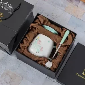 Кружки, керамическая чашка, креативная кошка, единорог, кружка с ложкой с крышкой, чашка для завтрака, молока, самоперемешивающаяся кружка, милая чашка, винный стакан Tazas - Цвет: 400ML gift box