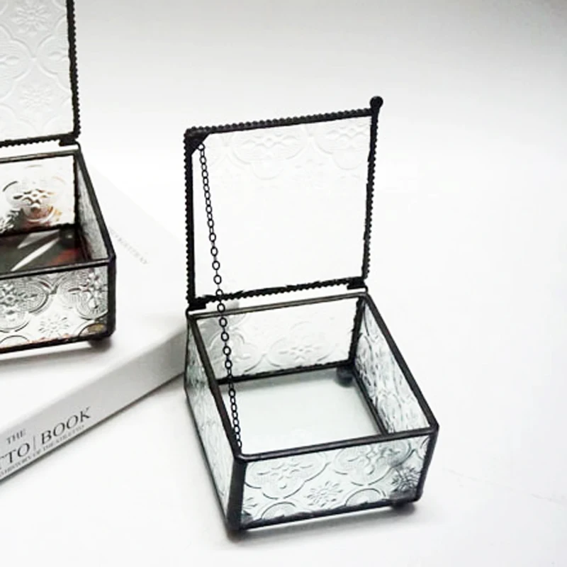 

Vintage Square Rectangle Jewelry Box, Nostalgic Carved Flower Ornament Storage Box, Black Glass Decoration Box