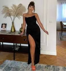LORIE 2021 New Summer Women Boat Neck Evening Dresses Robes De Soirée Sexy Side Split Celebrity Evening Runway Party Dresses