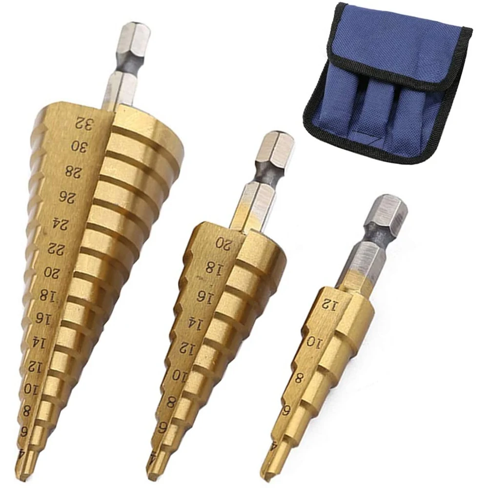

3Pcs High-Speed Steel Step Drill Bit Set Cone Titanium Coated Metal Hole Cutter 1/4" Hex Shank Drive Quick Change 4-32/4-20/4-12