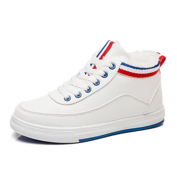 

2019 Fashion Winter Leather Casual Shoes Women High Top Sneakers White Platform Chunky Trainers Women Pink Plush Flats Sneakers