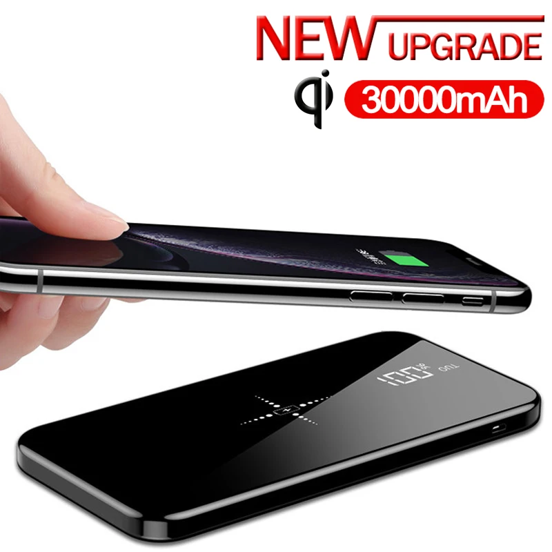 

30000mAh QI Wireless Mobile Power Portable Built-in Wireless Charger Ultra-thin Mobile Power Full Screen Mirror External Battery