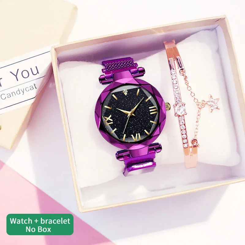 Purple bracelet Женские часы с браслетом звездного неба, Роскошные Кварцевые наручные часы с магнитной сеткой, женские часы с бриллиантами, relogio feminino - Цвет: Purple bracelet