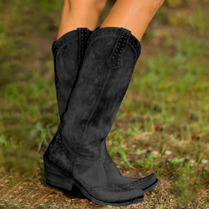 Puimentiua/женские ботинки; сапоги до колена с заклепками в стиле ретро; женские ковбойские ботинки; модная повседневная обувь; женская зимняя обувь