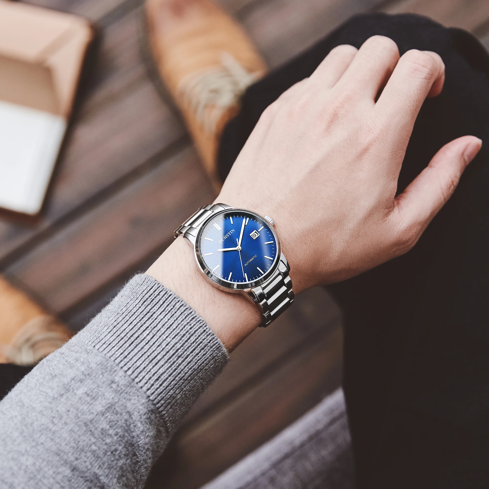 

Business Automatic Mechanical Watch Men Ochstin Blue Stainless Steel Switzerland Brand Watch Waterproof Trend Relogio Masculino