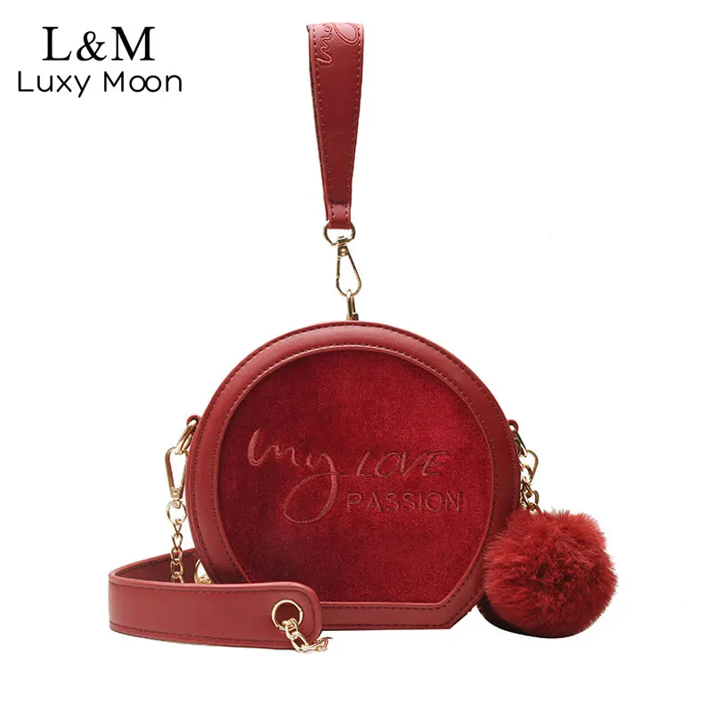

Letter Embroidery Handbag Velvet and leather Patchwork Women Bag Winter Hairball Circular Lovely Small Shoulder Hand Bags XA556H
