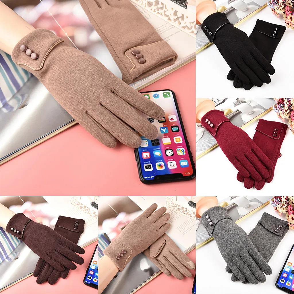 Зимние перчатки для сенсорного экрана, модные женские теплые зимние перчатки с манжетами, мягкая подкладка, декорированные кнопки, перчатки, женские перчатки