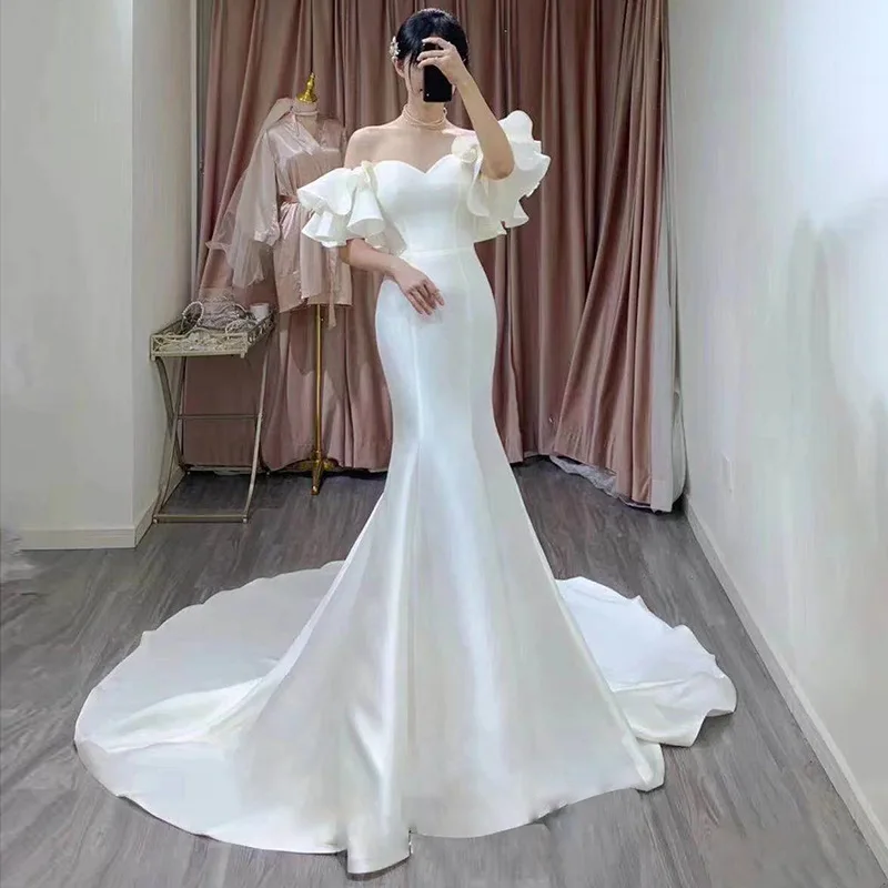 ball gown wedding dress New Mermaid Satin Wedding Dress Vestidos De Noiva Ruffles Short Sleeves Bridal Gowns 2022 Modern White Robe De Mariee bridal dresses Wedding Dresses