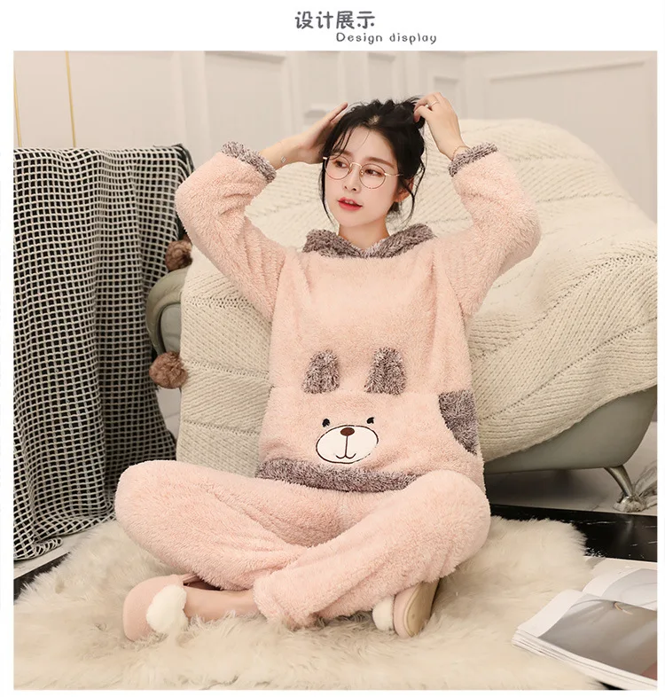 QWEEK/зимняя одежда для сна с длинными рукавами из плотного бархата, Женская Корейская версия с капюшоном, пижамы с героями мультфильмов, свободные мягкие пижамы, одежда для отдыха из двух предметов