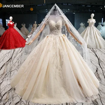 شراءHTL1045 فستان زفاف فاخر 2020 مع الحجاب قبالة الكتف قصيرة الأكمام اللؤلؤ كرة مطرزة ثوب الزفاف Vestido De Noiva