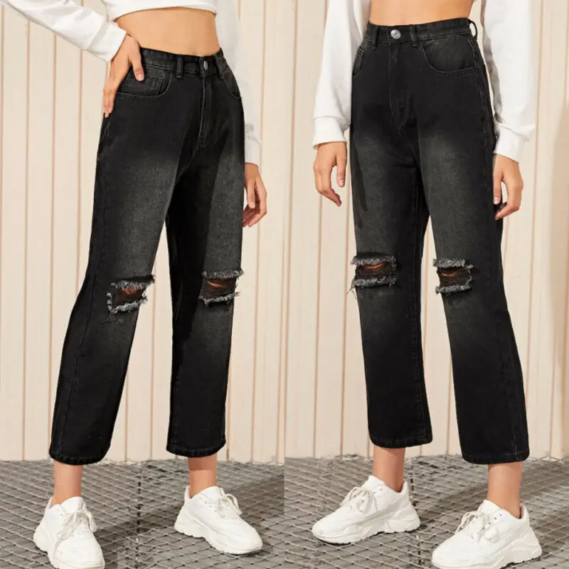 Новые женские черные прямые широкие джинсовые брюки, женские длинные джинсовые брюки с высокой талией
