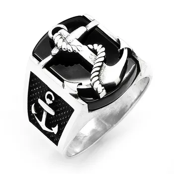 

Mina Silver 925 Sterling Silver Sailor Anchor Black Onyx Cubic Zirconia Men Ring