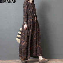 DIMANAF женское платье большого размера с длинным рукавом осеннее винтажное хлопковое льняное свободное женское платье с принтом