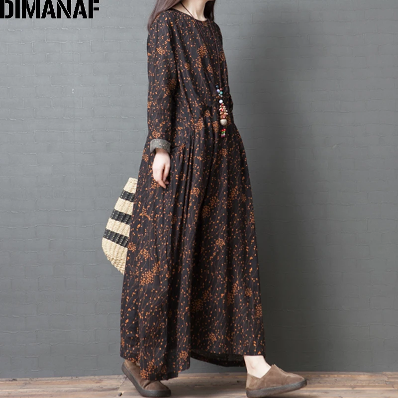 

DIMANAF Plus Size Women Dress Long Sleeve 2019 Autumn Vintage Big Size Cotton Linen Loose Female Vestidos Print Dresses Clothing
